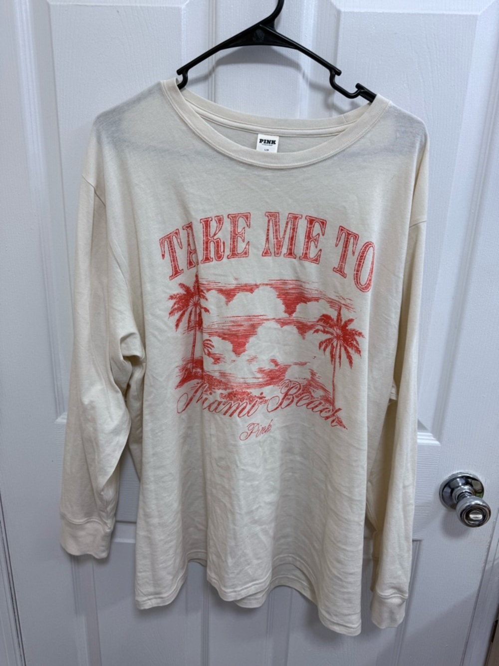 PINK Victoria's Secret Cream Long Sleeve Tee with Coral Graphic, Size Large